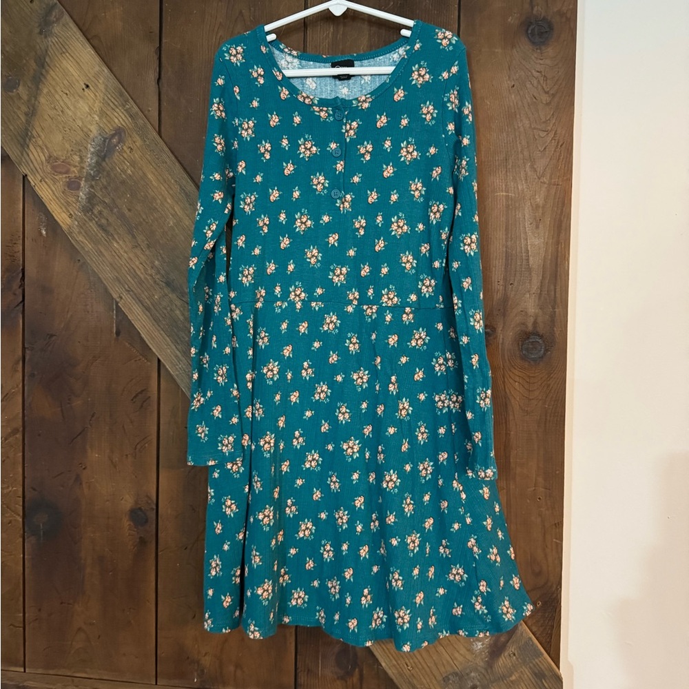 4/$12 Art Class Teal Floral Long Sleeve Dress